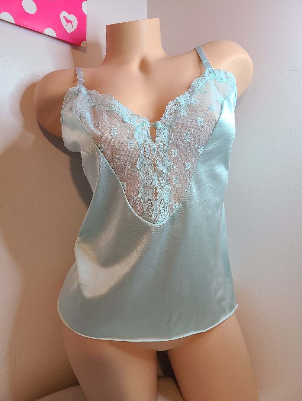 VTG Vanity Fair Silky Blue Nylon & Sheer Lace Button Front Camisole Size 36